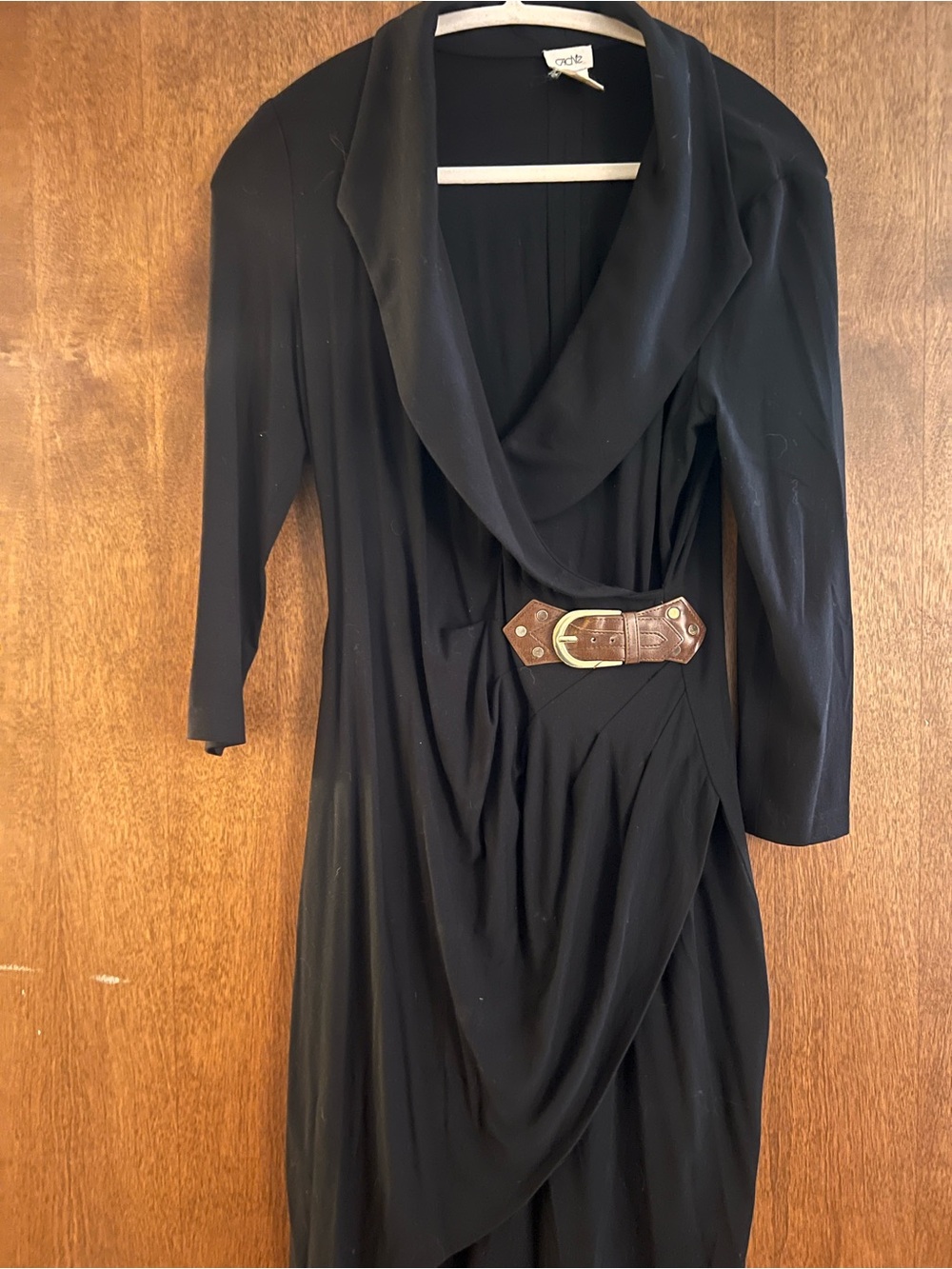 Cache Black Long-Sleeve Draped Dress with Brown Buckle Accent